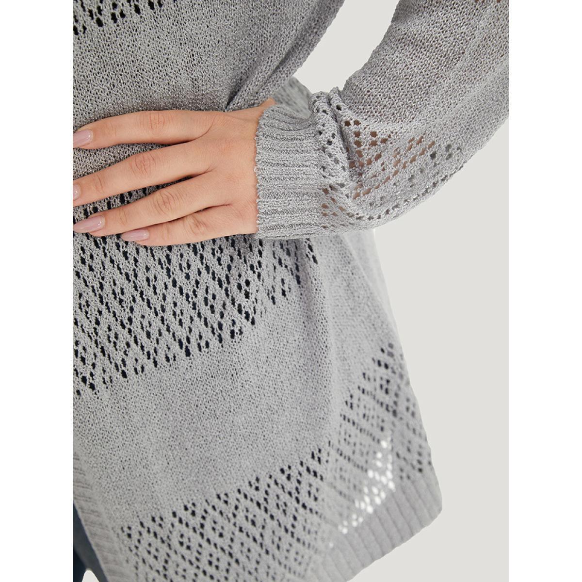 Plus Size Plain Geometric Eyelet Open Front Cardigan DarkGray Women Basics Loose Long Sleeve Everyday Cardigans BloomChic 28/5X Product Image