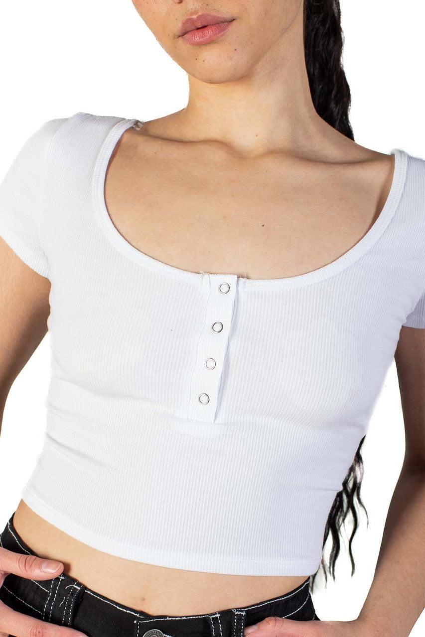 White Double Scoop Henley Crop Tee Product Image