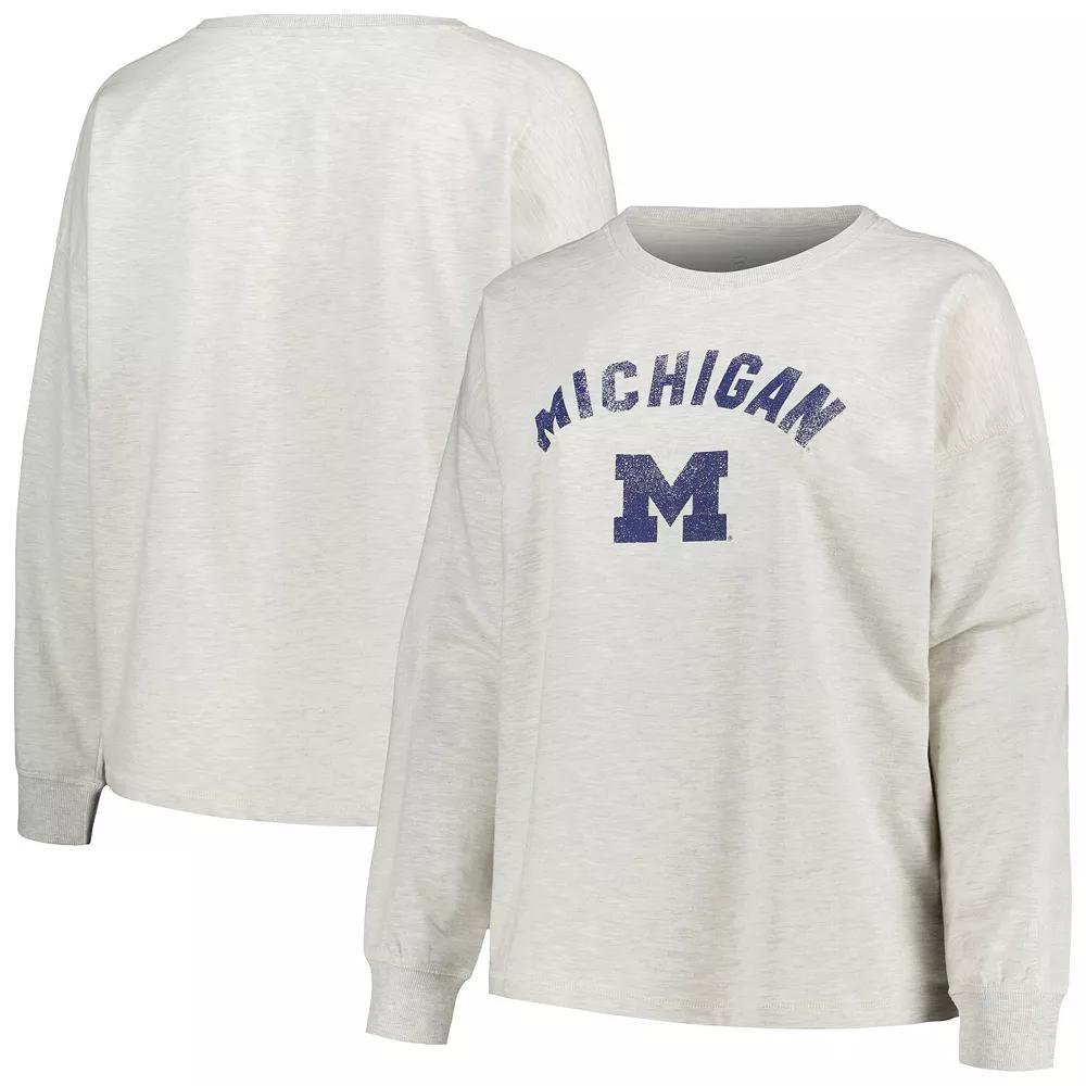 Women's Profile Oatmeal Michigan Wolverines Plus Size Distressed Arch Over Logo Neutral Boxy Pullover Sweatshirt, Size: 1XL, Team Product Image
