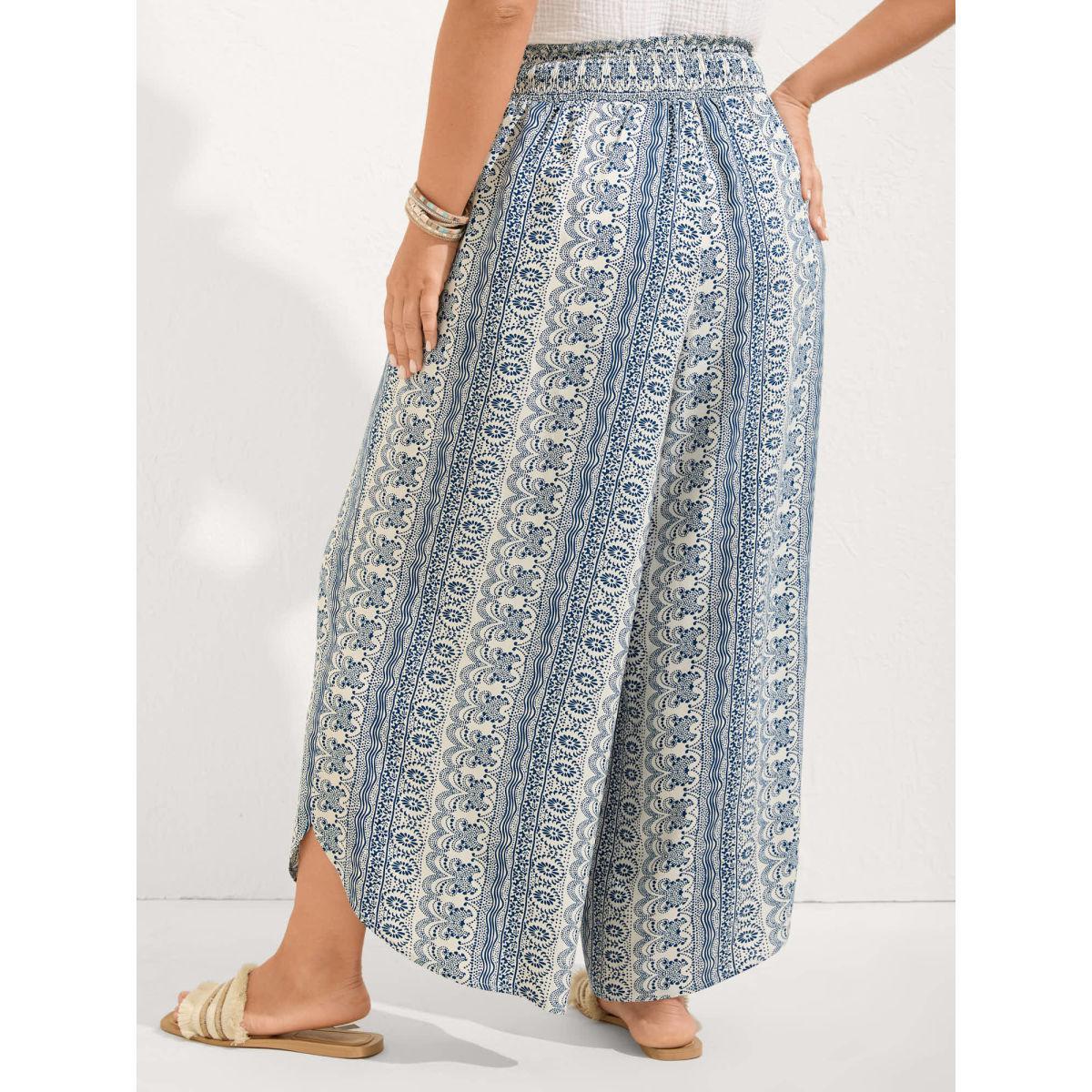 Plus Size Boho Print Shirred Waist Wide-Leg Pants Women Beige Resort Wide Leg Mid Rise Vacation Pants BloomChic 14-16/1X Product Image