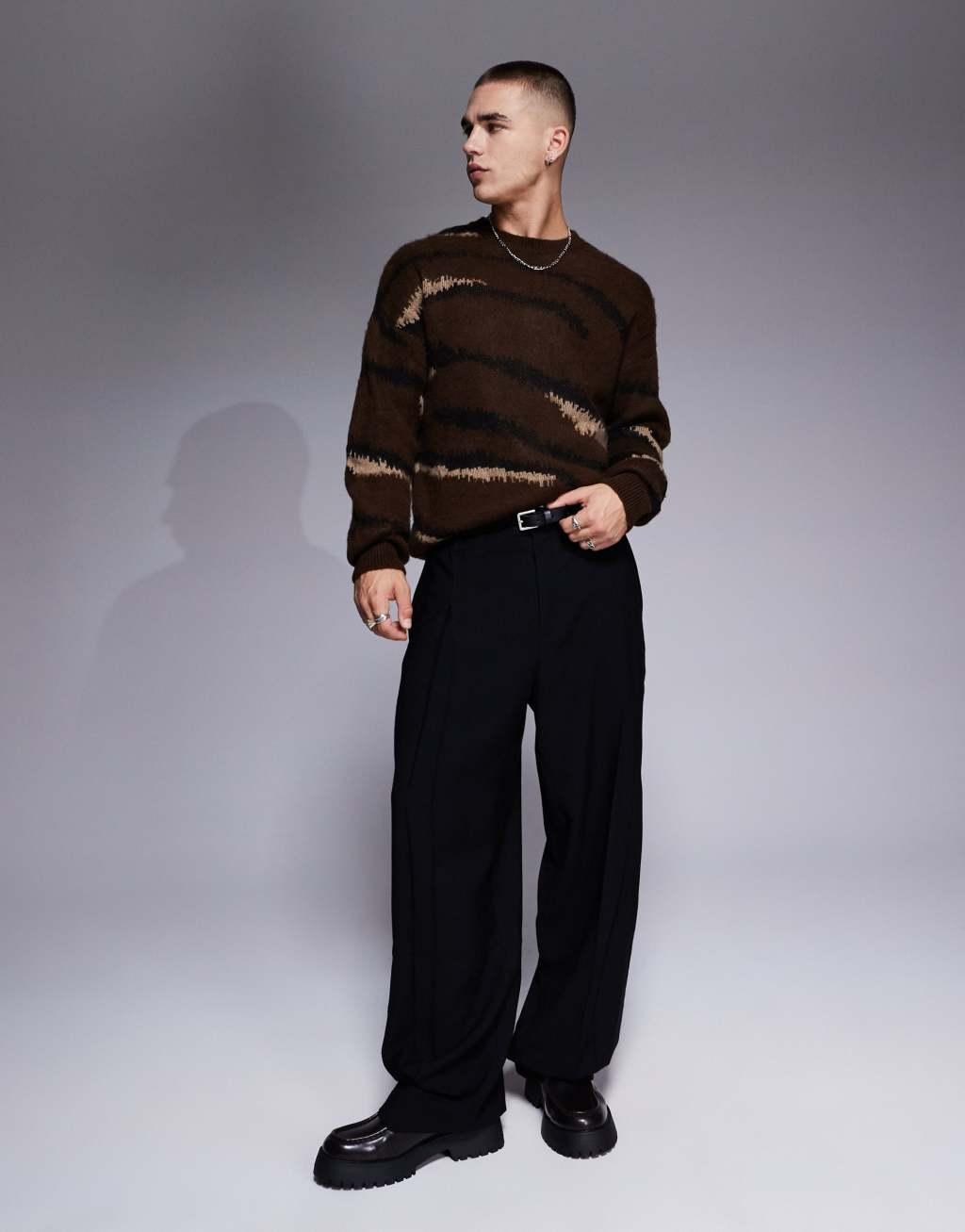 ASOS DESIGN relaxed brushed knitted crew neck sweater with animal pattern in beige Product Image