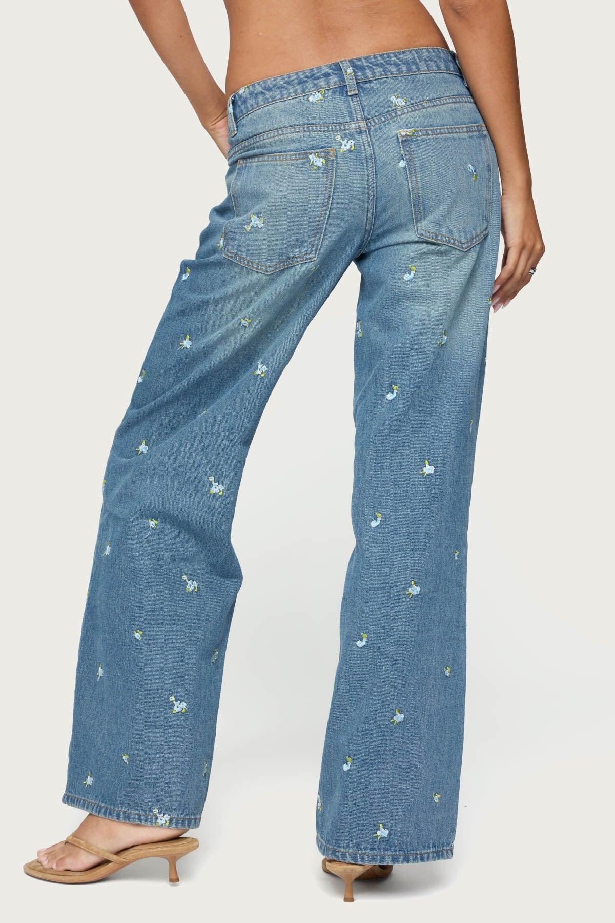 Edna Floral Embroidered Low Rise Jeans Product Image