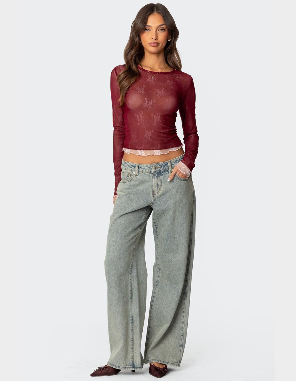 EDIKTED Lacey Sheer Mesh Crew Neck Top Product Image