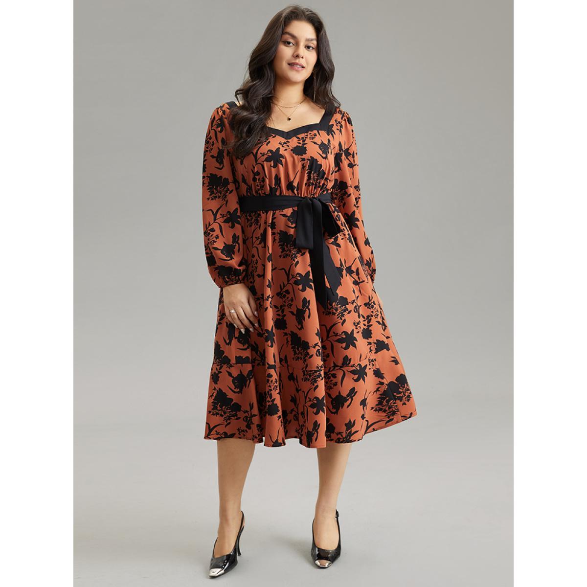 Plus Size Silhouette Floral Print Square Neck Belted Dress Chocolate Women Office Elastic cuffs Square Neck Long Sleeve Curvy Midi Dress BloomChic 26/4X Product Image