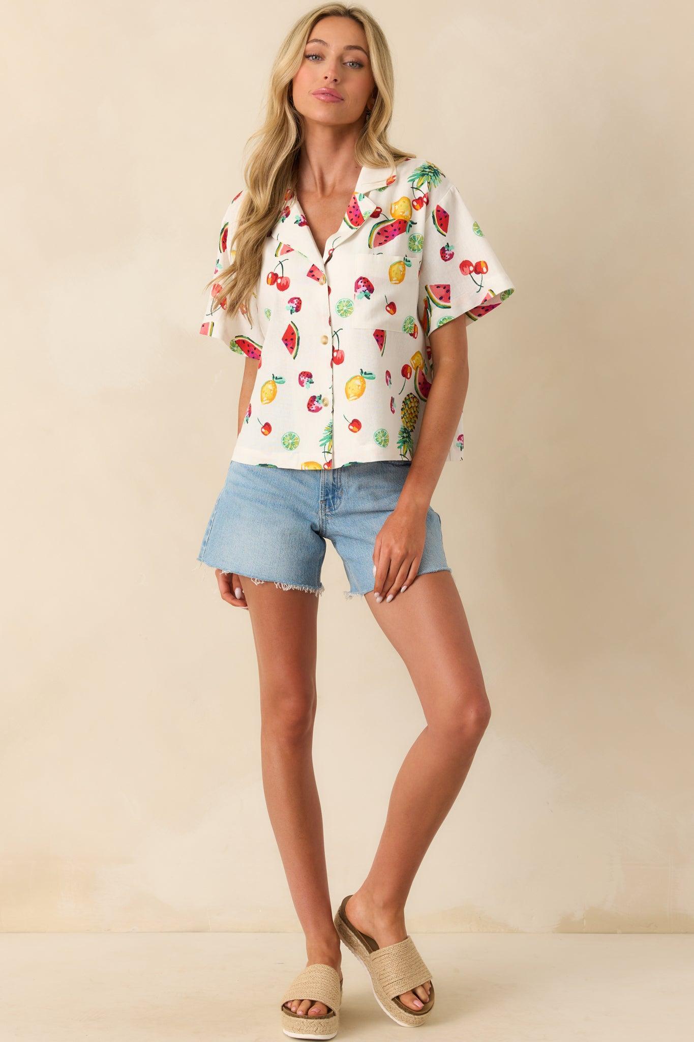 Just Like Before Ivory Multi Fruit Print Button Front Top Product Image