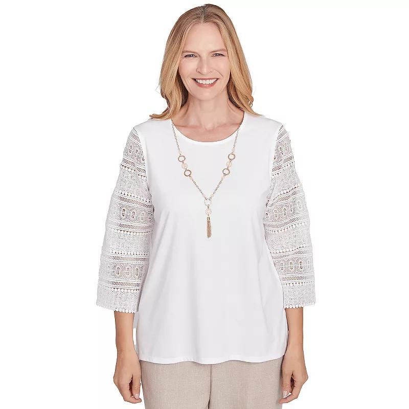 Petite Alfred Dunner Solid Lace Sleeve Knit Top with Necklace, Women's, Size: Medium Petite, Ivory Product Image