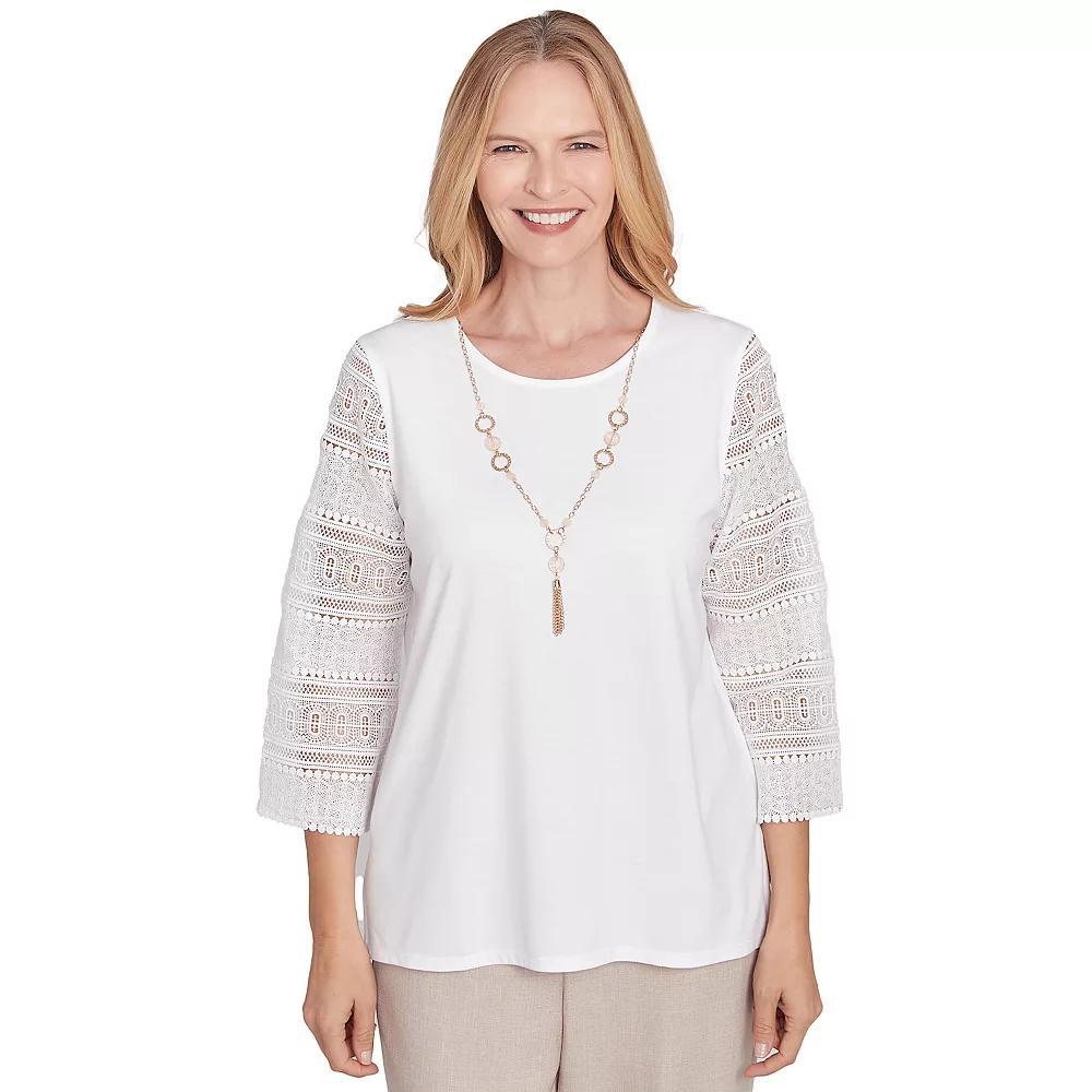 Petite Alfred Dunner Solid Lace Sleeve Knit Top with Necklace, Women's, Size: Medium Petite, Ivory Product Image