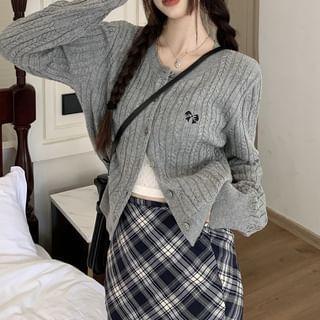 Bow Embroidered Cable-Knit Cardigan / High Waist Plaid Maxi Mermaid Skirt Product Image
