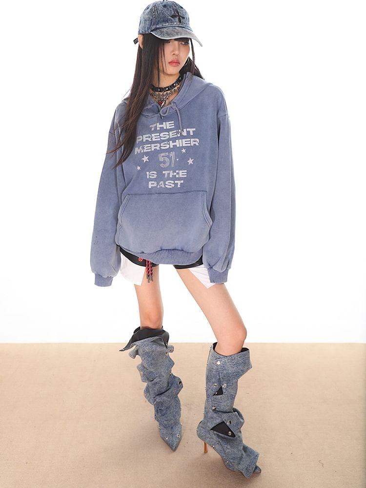 Lettering Washed Loose-Fit Hoodie Product Image