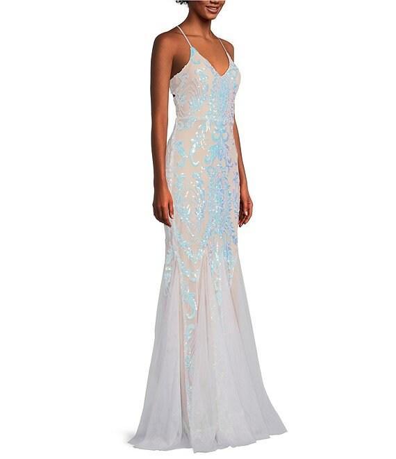 Midnight Doll Placement Iridescent Sequin V-Neck Sleeveless Lace Up Back Godet Dress Product Image