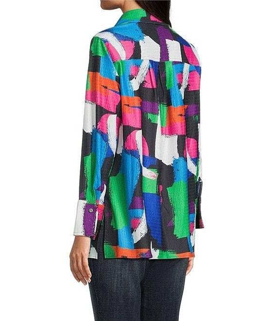 Calessa Petite Size Textured Knit Geometric Multicolor Point Collar Long Sleeve Button Front Tunic Product Image