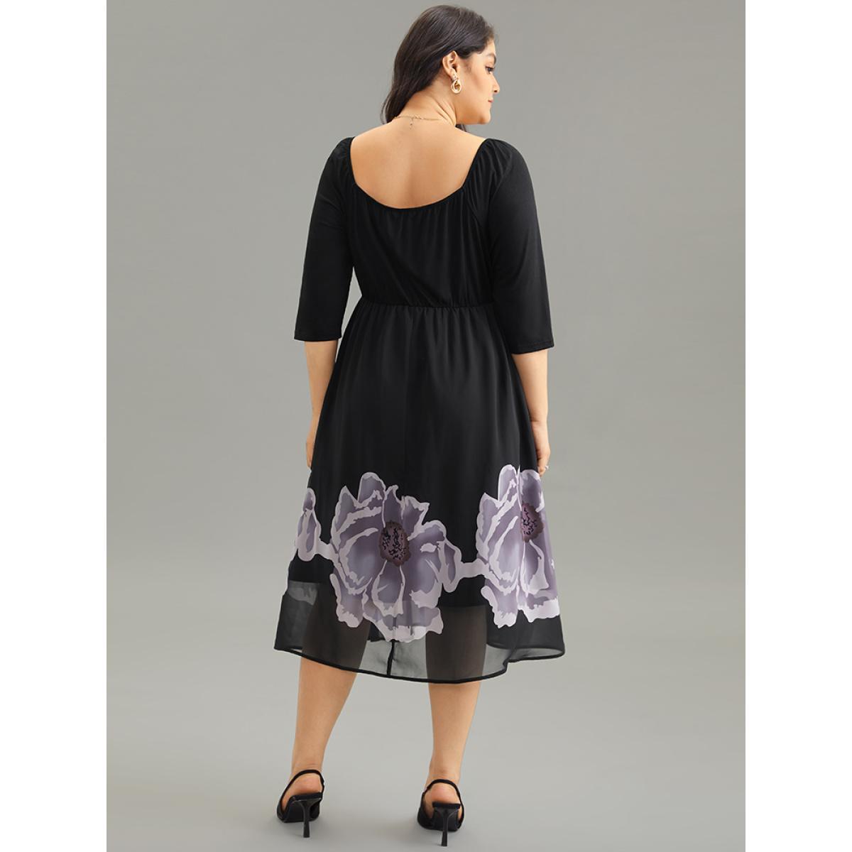 Plus Size Boho Print Mesh Gathered Square Neck Dress Black Women Elegant Gathered Square Neck Elbow-length sleeve Curvy Midi Dress BloomChic 22-24/3X Product Image