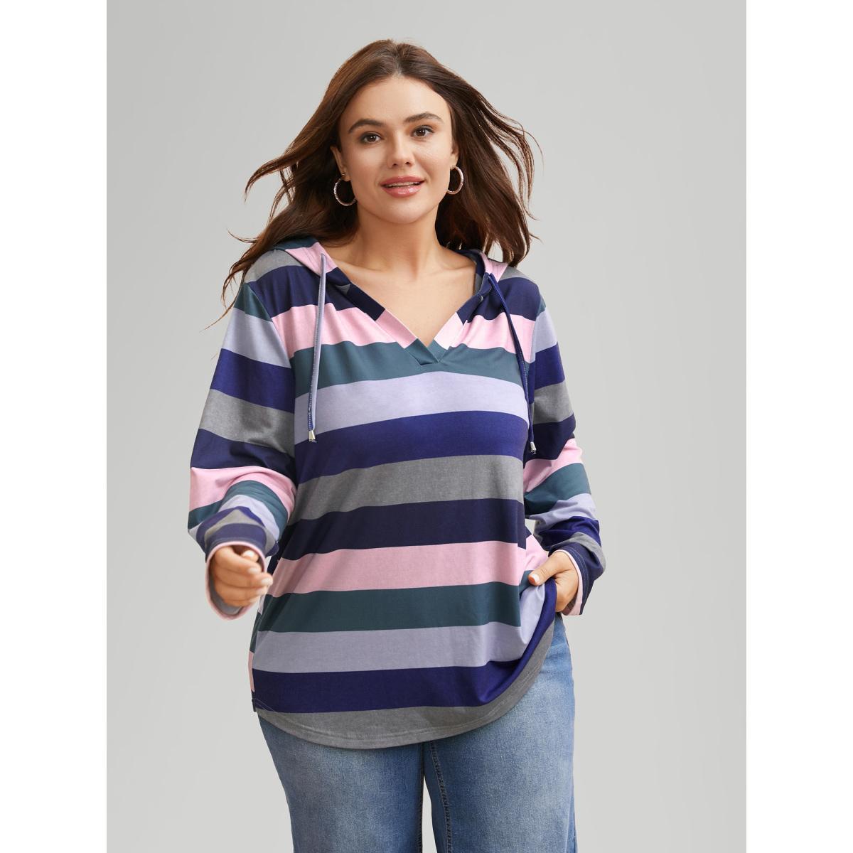Plus Size Contrast Striped Hooded Drawstring T-shirt Multicolor Women Casual Drawstring Hooded Everyday T-shirts BloomChic 14-16/1X Product Image