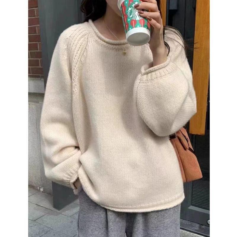 Puff-Sleeve Crew Neck Plain Sweater Product Image