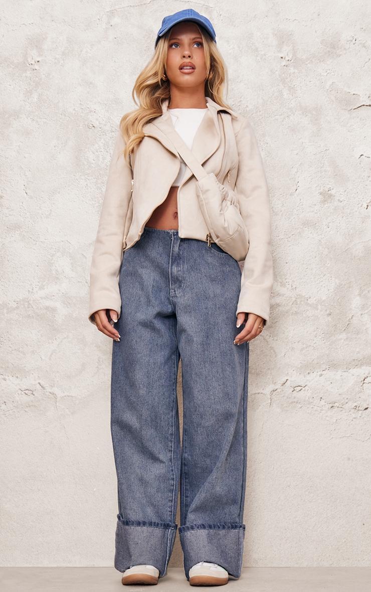 Cream Faux Suede Minimal Biker Jacket Product Image