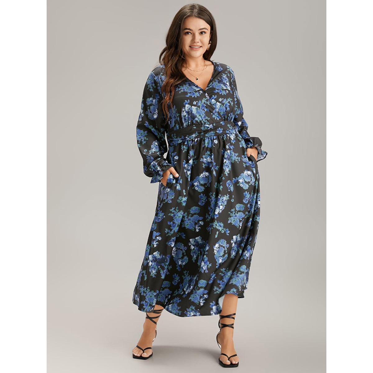 Plus Size Silhouette Floral Print Wrap Pocket Dress Black Women Elegant Gathered V-neck Long Sleeve Curvy Midi Dress BloomChic 28/5X Product Image
