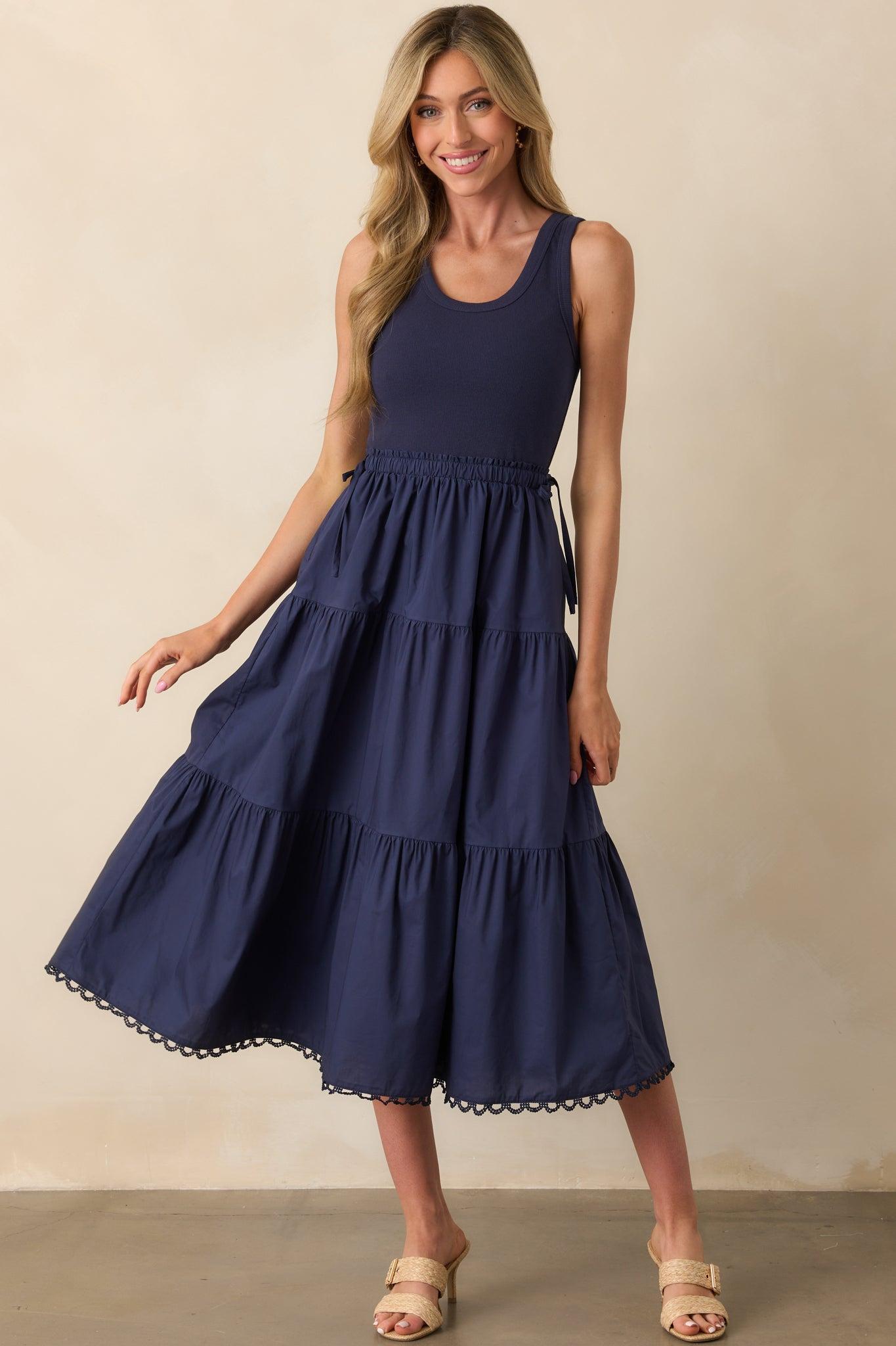 Always The Right Time Navy Cotton Sleeveless Midi Dress Product Image