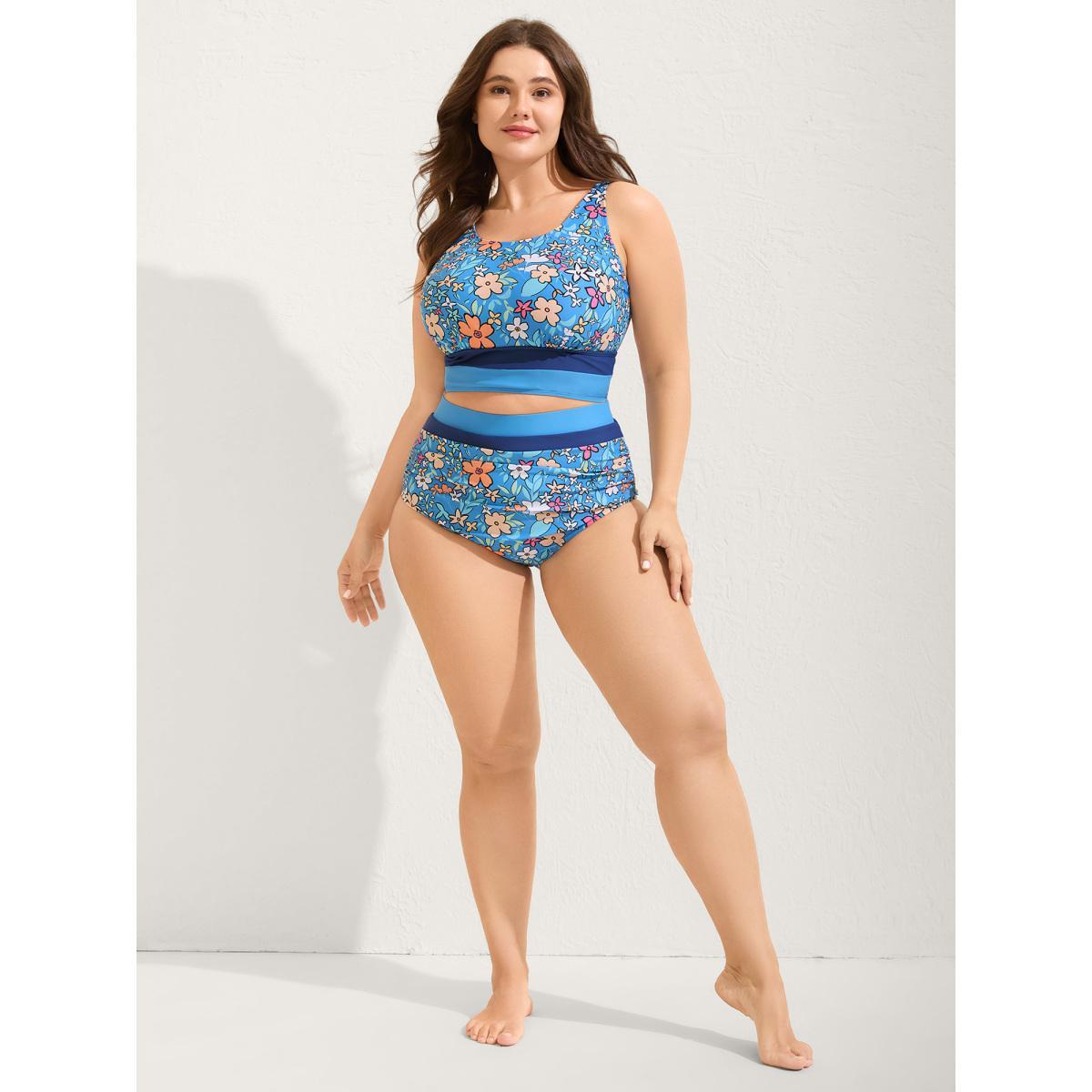 Plus Size Floral Print Color Contrast Swim Bottoms Women's Swimwear Skyblue Beach Contrast High stretch Skinny High Rise Curve Swim Bottoms BloomChic 28/5X Product Image