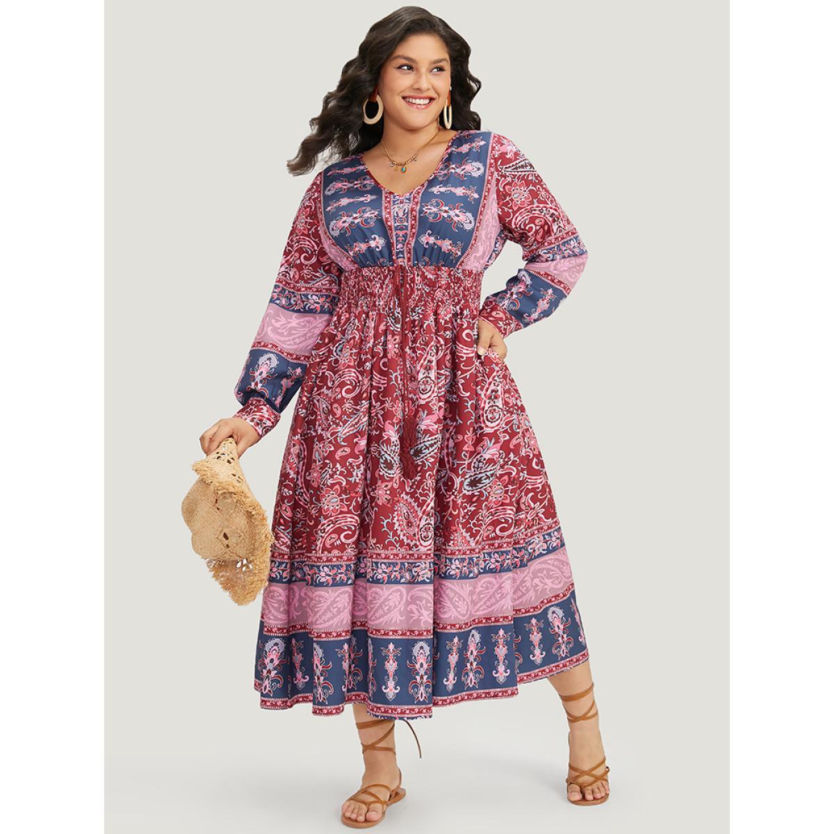 Plus Size Bandana Print Pocket Shirred Bowknot Dress Scarlet Women Vacation Cross straps V-neck Long Sleeve Curvy Midi Dress BloomChic 18-20/2X Product Image