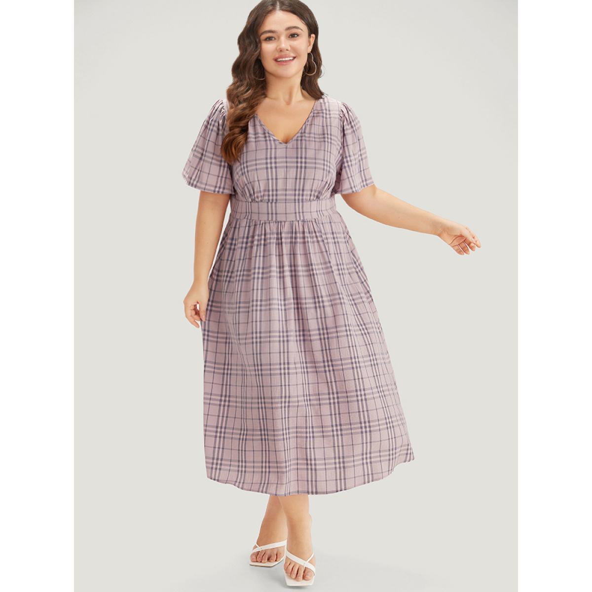 Plus Size Plaid V Neck Gathered Ruffle Sleeve Dress Lavender Women Elegant Gathered V-neck Short sleeve Curvy Midi Dress BloomChic 26/4X Product Image