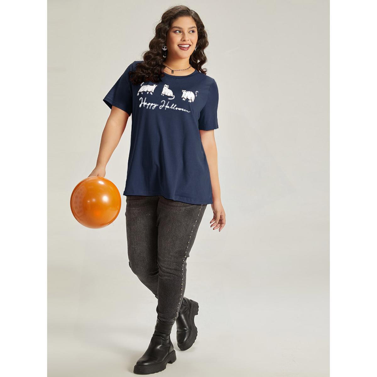 Plus Size Halloween Letter & Animals Crew Neck T-shirt Indigo Women Casual Printed Halloween Festival-Halloween T-shirts BloomChic 18-20/2X Product Image