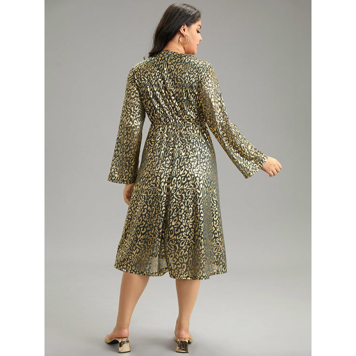 Plus Size Leopard Glitter Pocket Elastic Waist Dress DarkGreen Women Elegant Printed V-neck Long Sleeve Curvy Midi Dress BloomChic 12/L Product Image