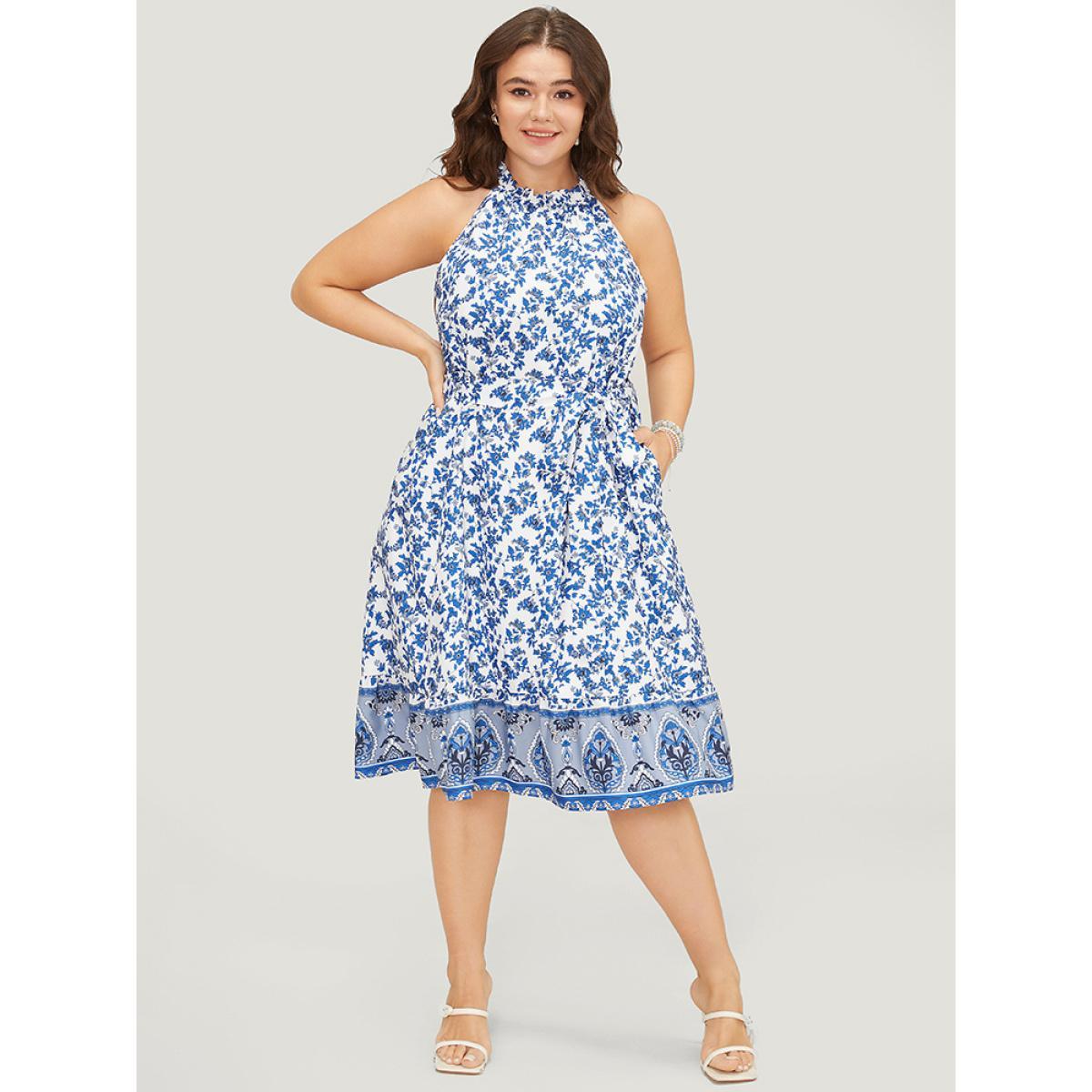 Plus Size Bandana Print Halter Ruffle Hem Pocket Belt Paisley Dress Indigo Women Vacation Belted Halter neck Sleeveless Curvy Knee Dress BloomChic 26/4X Product Image