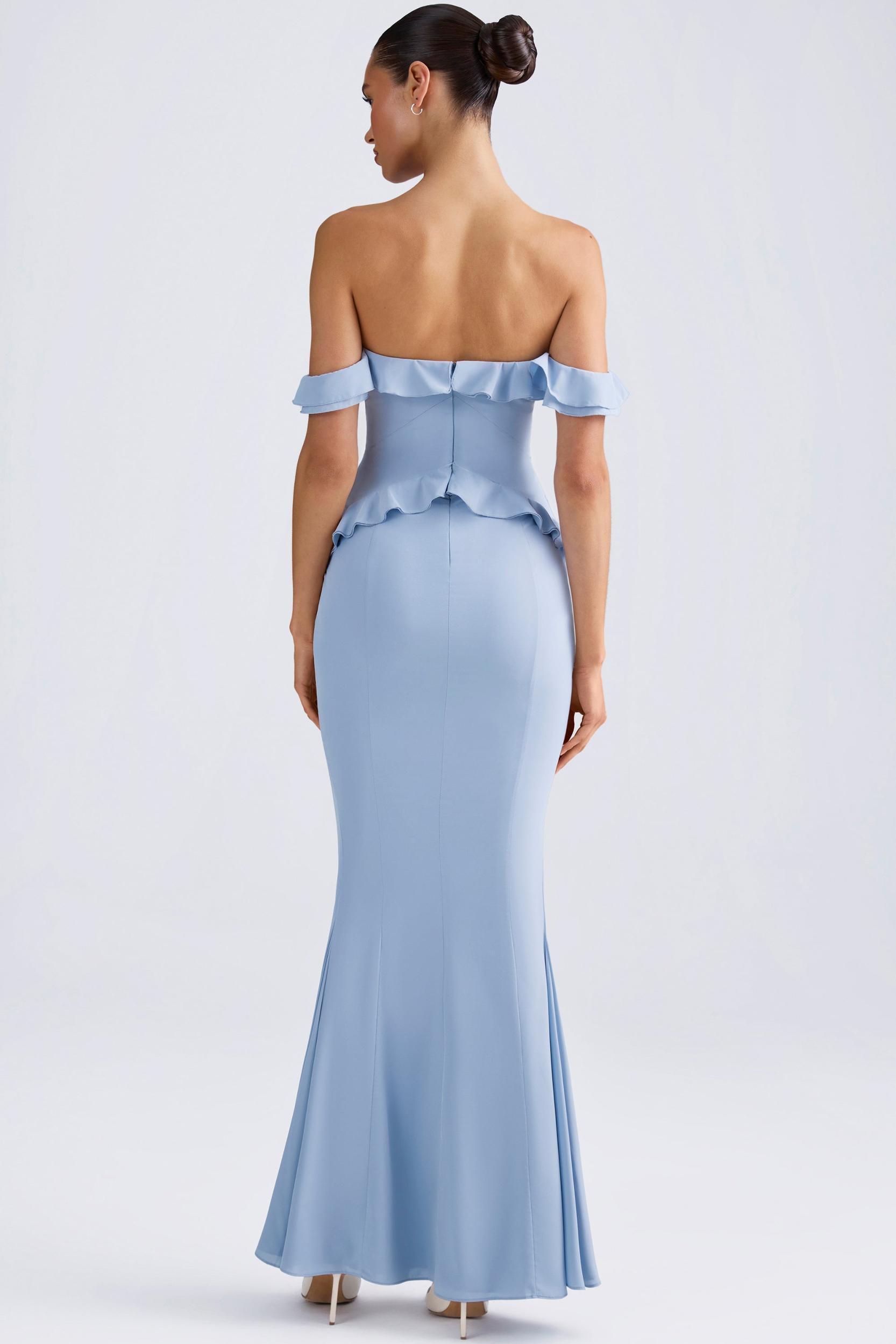 Off-Shoulder Ruffle-Trim Gown in Light Blue Product Image