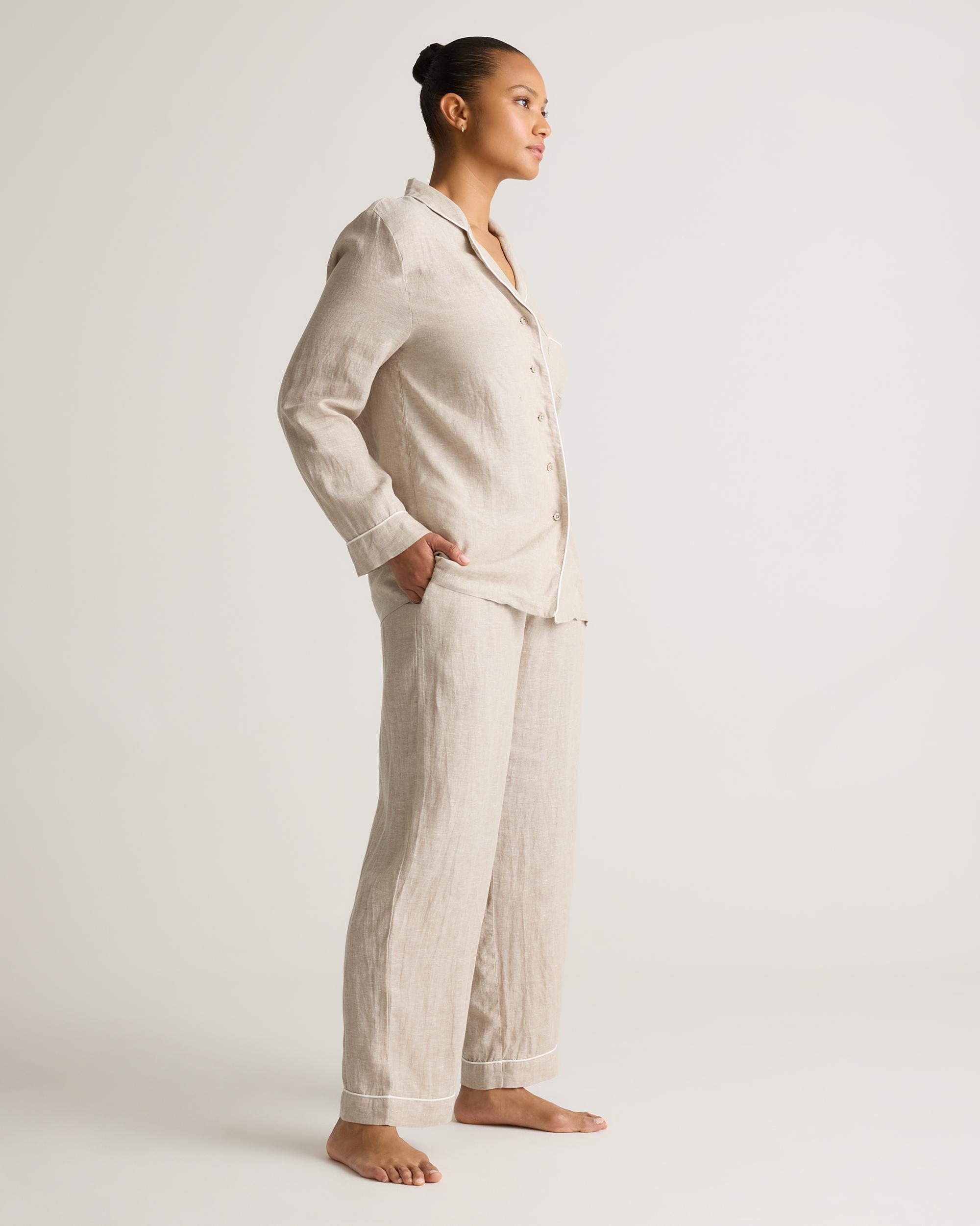 100% European Linen Long Sleeve Pajama Set with Piping Product Image