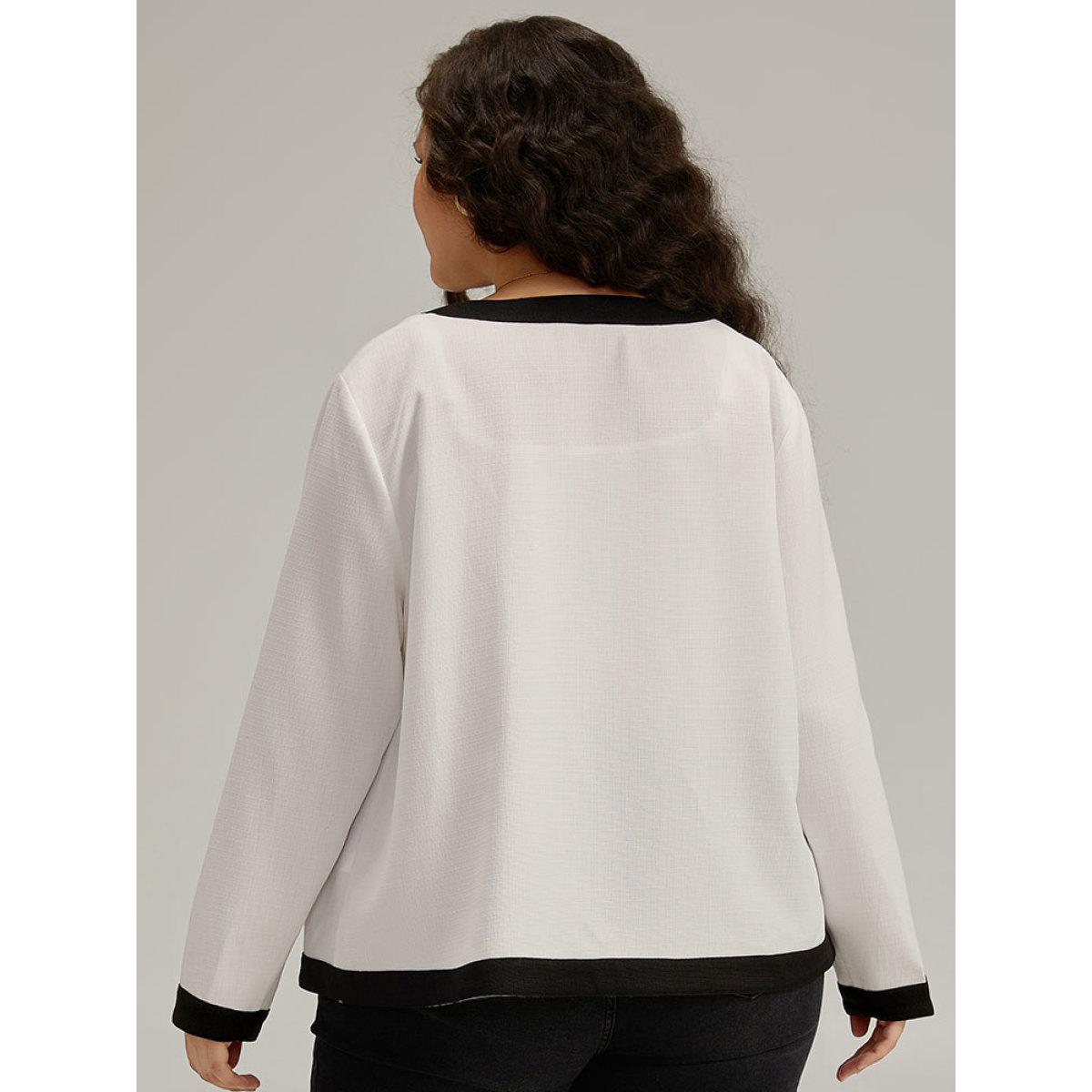 Plus Size Striped Patchwork Button Detail Contrast Jacket Women White Casual Contrast Ladies Dailywear Winter Coats BloomChic 10/M Product Image