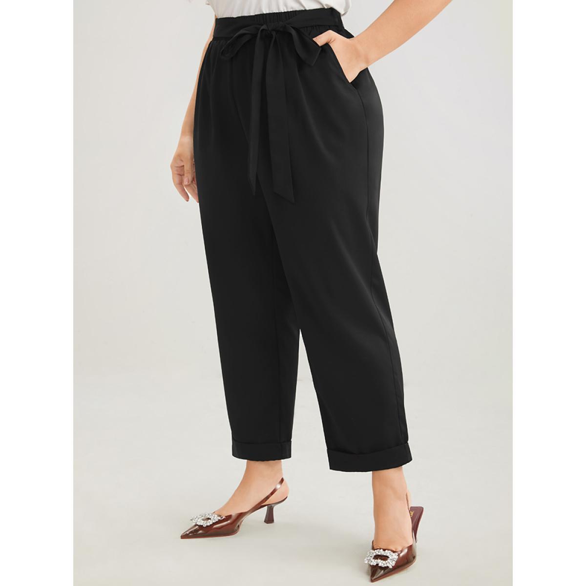 Plus Size Plain Elastic Waist Belted Pocket Mid Rise Pants Women Black Office Mid Rise Dailywear Pants BloomChic 30/6X Product Image