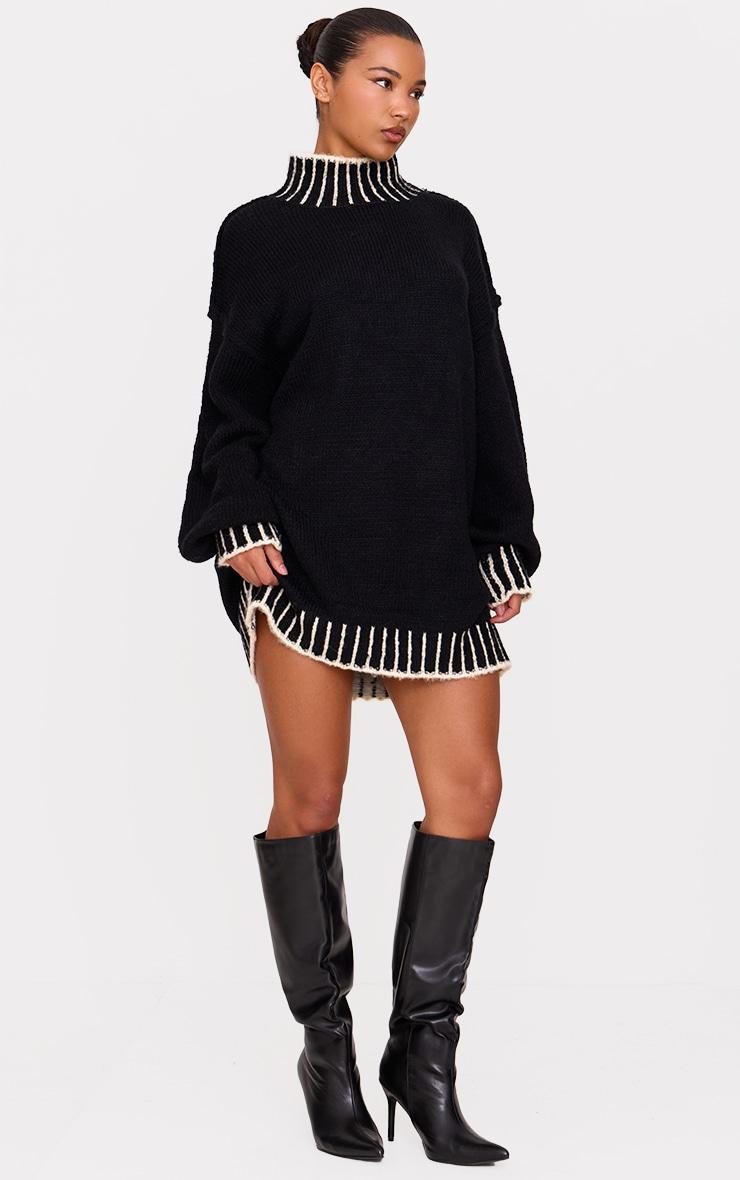 Monochrome Contrast Stitch Knitted High Neck Oversized Sweater Dress Product Image