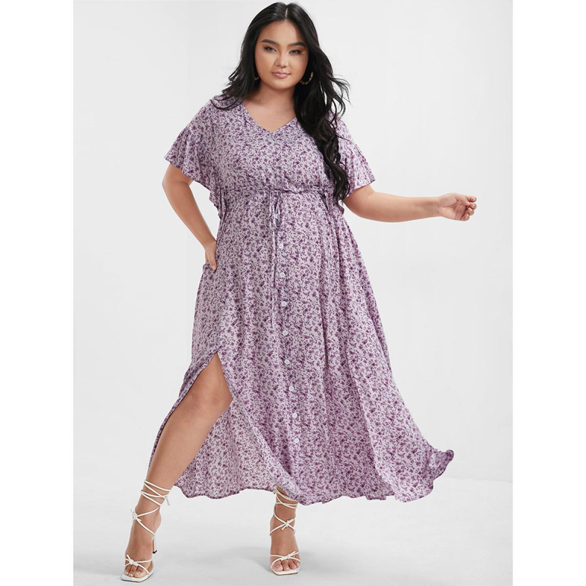 Plus Size Ditsy Floral Ruffles Pocket Button Split Maxi Dress Plum Women Elegant Printed V-neck Cap Sleeve Curvy Long Dress BloomChic 28/5X Product Image