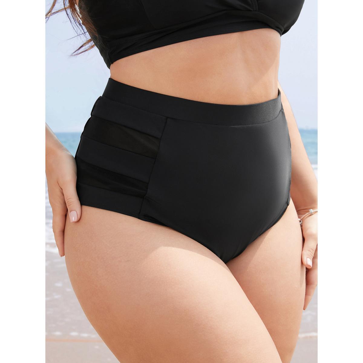 Plus Size Plain Mesh Insert Swim Bottom Women's Swimwear Black Vacation Plain High stretch Skinny High Rise Curve Swim Bottoms BloomChic 12/L Product Image