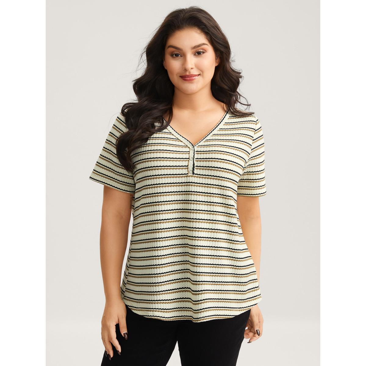Plus Size Waffle Stripe Button Detail T-Shirt Apricot Women Texture V-neck Everyday-Casual T-shirts BloomChic 28/5X Product Image