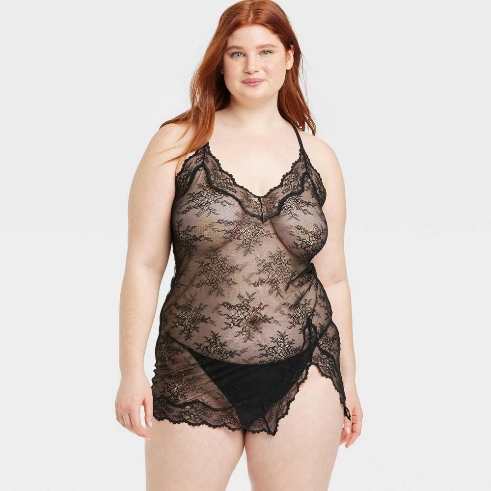 Women's Allover Lace Lingerie Slip Dress - Auden™ Black S: V Back, Adjustable Strap, Above Knee Length Product Image