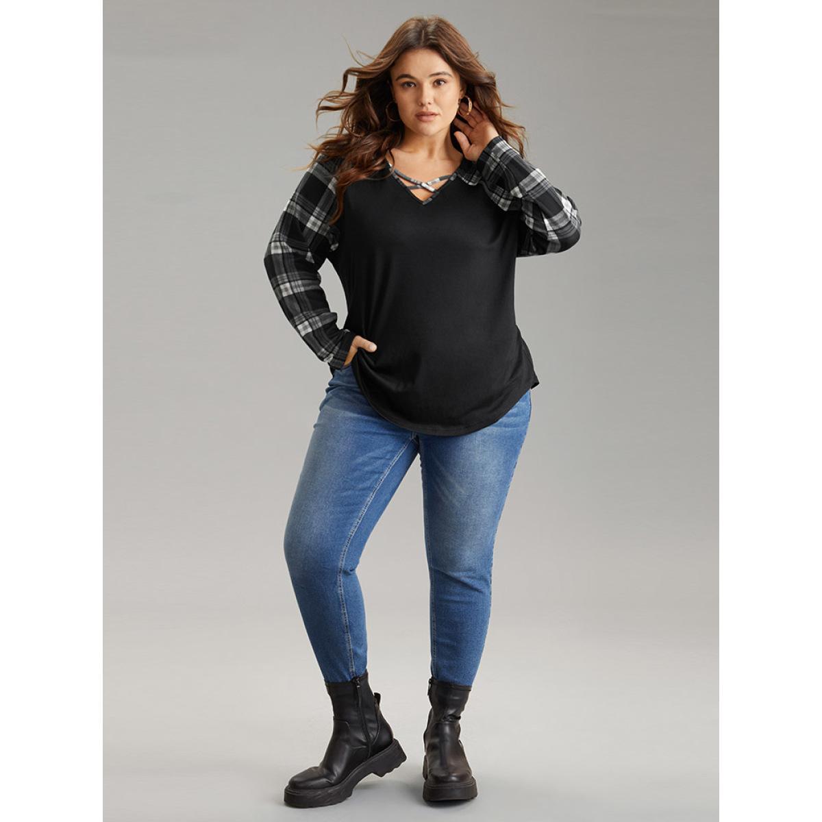 Plus Size Plaid Patchwork Raglan Sleeve Crisscross T-shirt Black Women Casual Patchwork Plaid V-neck Dailywear T-shirts BloomChic 14-16/1X Product Image