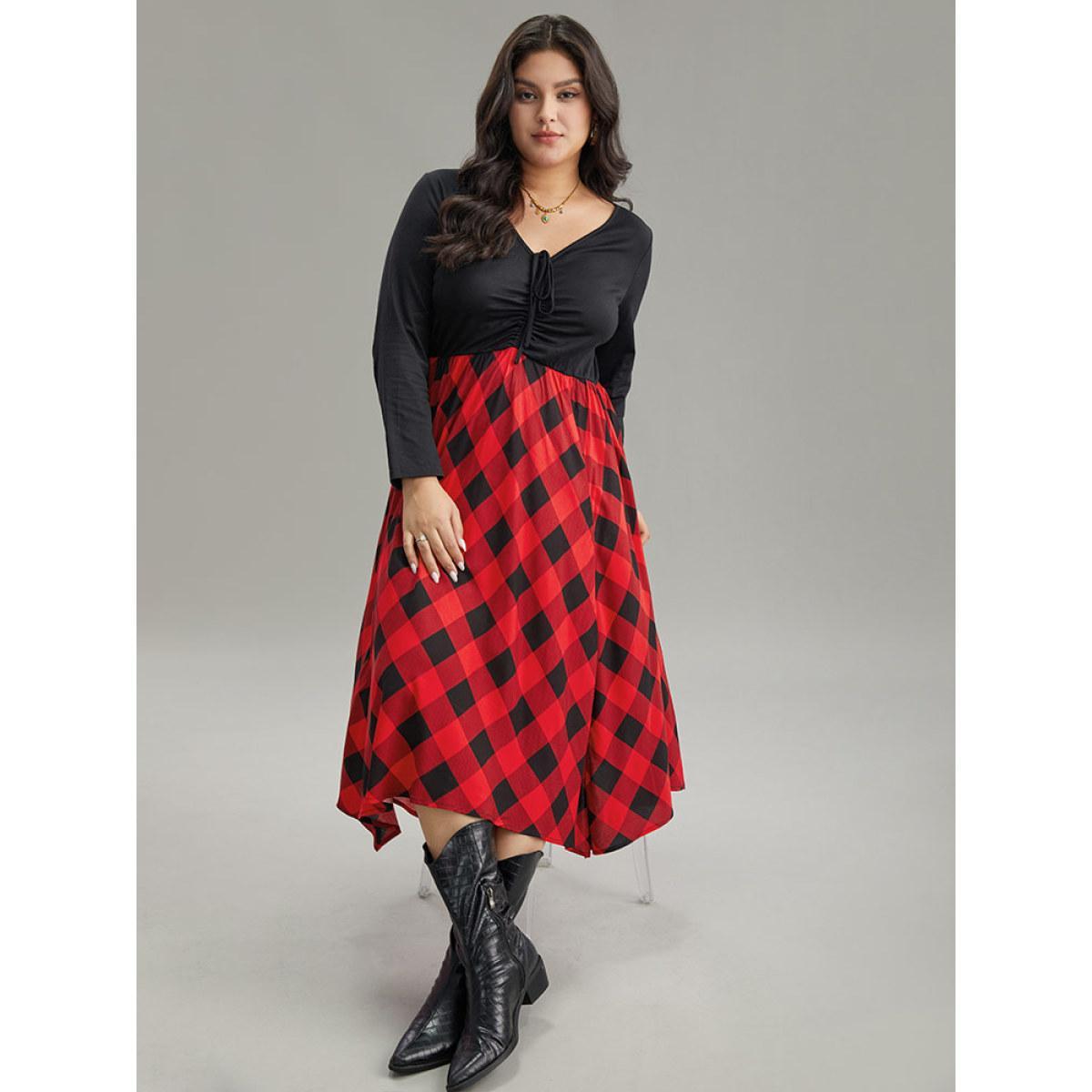 Plus Size Plaid Ruched Drawstring Asymmetrical Hem Dress Black Women Casual Printed Tie Neck Long Sleeve Curvy Midi Dress BloomChic 14-16/1X Product Image