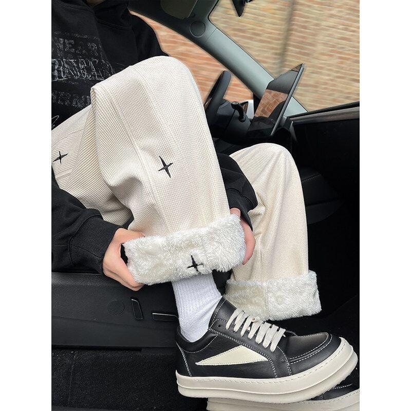 Drawstring Waist Cross Embroidered Panel Straight Leg Pants Product Image
