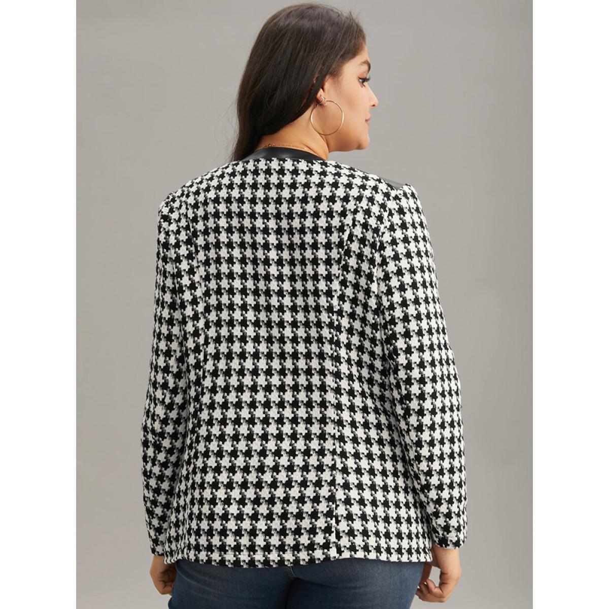 Plus Size Houndstooth PU Leather Patchwork Tweed Zipper Blazer Black Women Dailywear Houndstooth Contrast Sleeve Long Sleeve Open Front 14-16/1X Pocket Casual Blazers BloomChic Product Image
