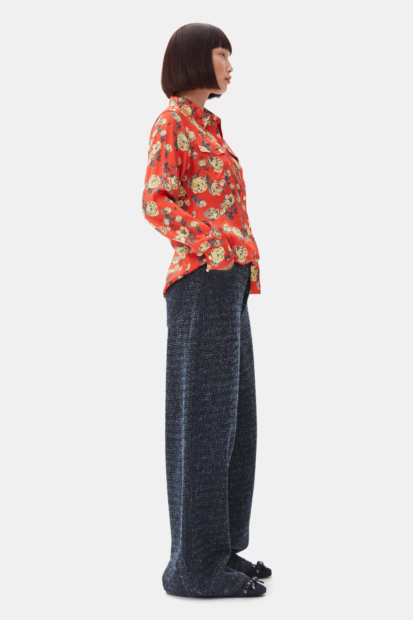 Orange Floral Printed Satin Shirt Product Image