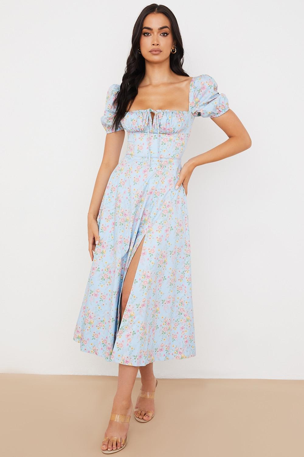 Tallulah Blue Vintage Floral Puff Sleeve Midi Dress Product Image