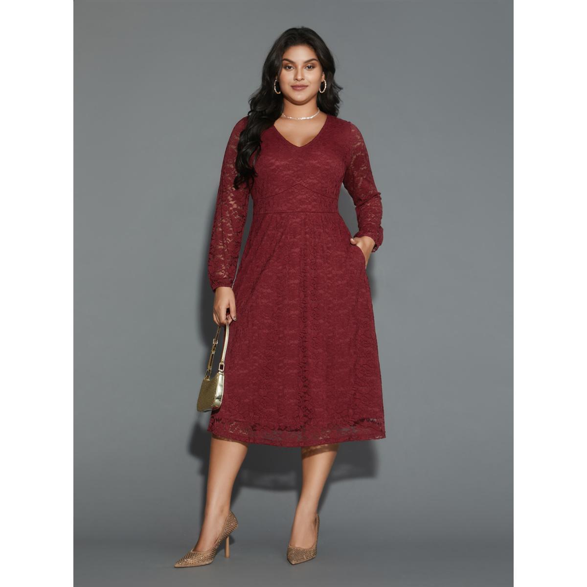 Plus Size Solid Lace Patchwork Lantern Sleeve Dress Burgundy Women Cocktail Woven ribbon&lace trim Party Curvy Bloomchic 18-20/2X Product Image