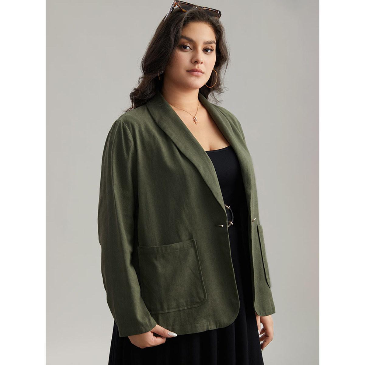 Plus Size Plisse Lapel Collar Patched Pocket Blazer ArmyGreen Women Dailywear Plain Plain Sleeve Long Sleeve Lapel Collar 30/6X Pocket Casual Blazers BloomChic Product Image