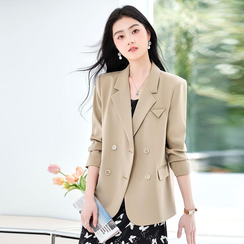Notch Lapel Plain Double-Breasted Blazer Product Image