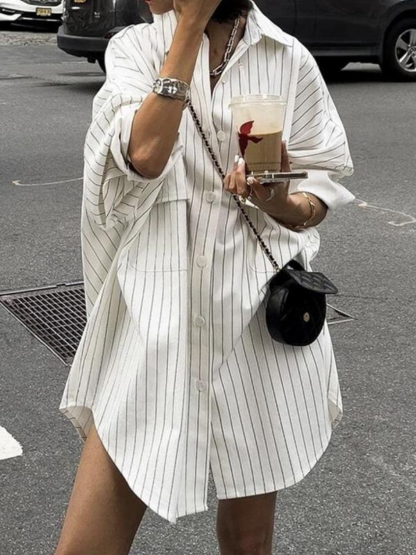 Long Sleeves Loose Buttoned Striped Lapel Blouses&Shirts Tops Product Image