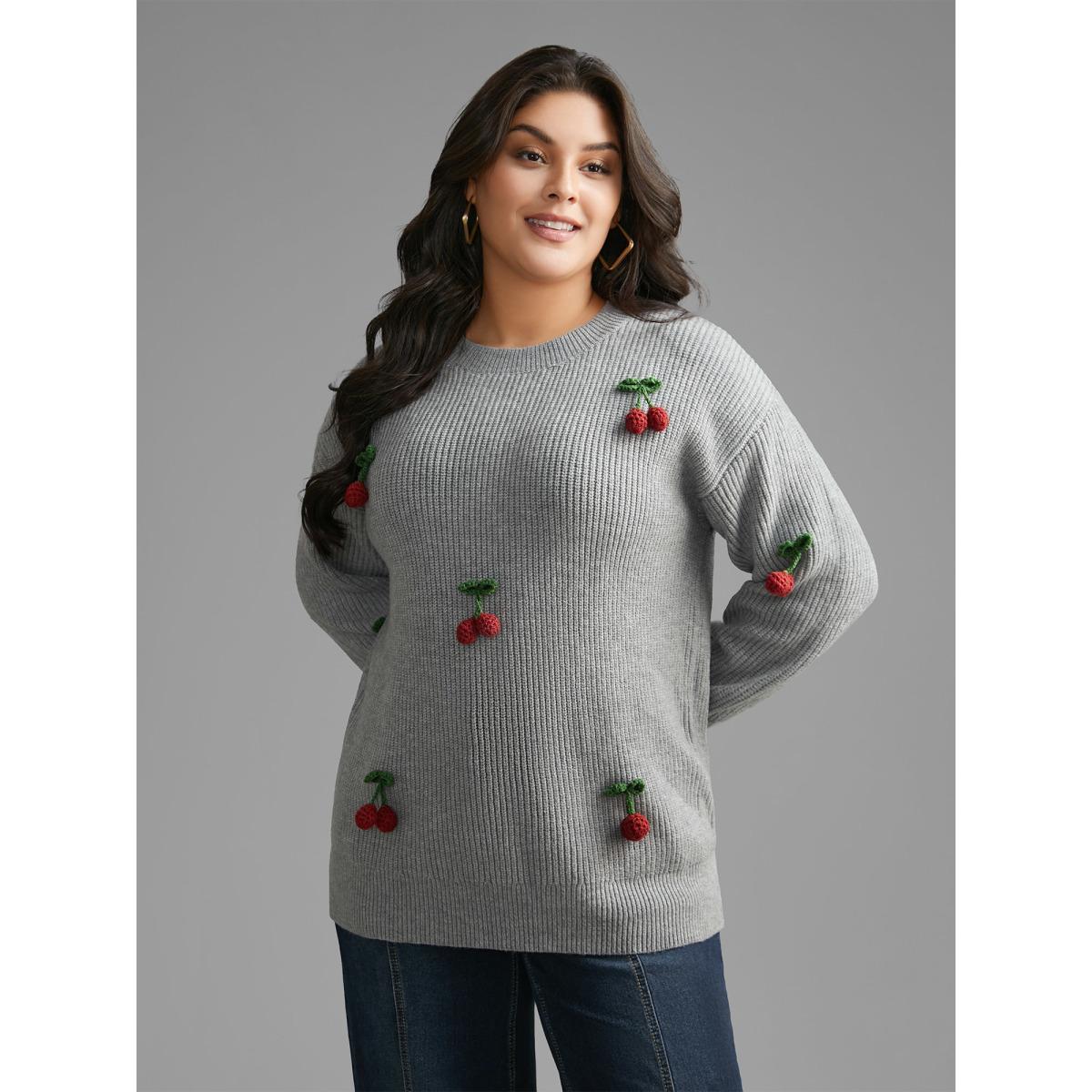 Plus Size Supersoft Essentials Stereo Cherry Design Pullover Mediumgray Women Casual Loose Long Sleeve Round Neck Everyday Pullovers BloomChic 12/L Product Image