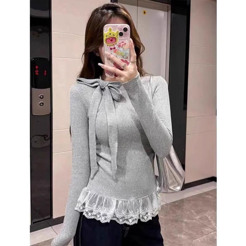 Long Sleeve Crew Tie Neck Lace Hem Ribbed Knit Top Product Image