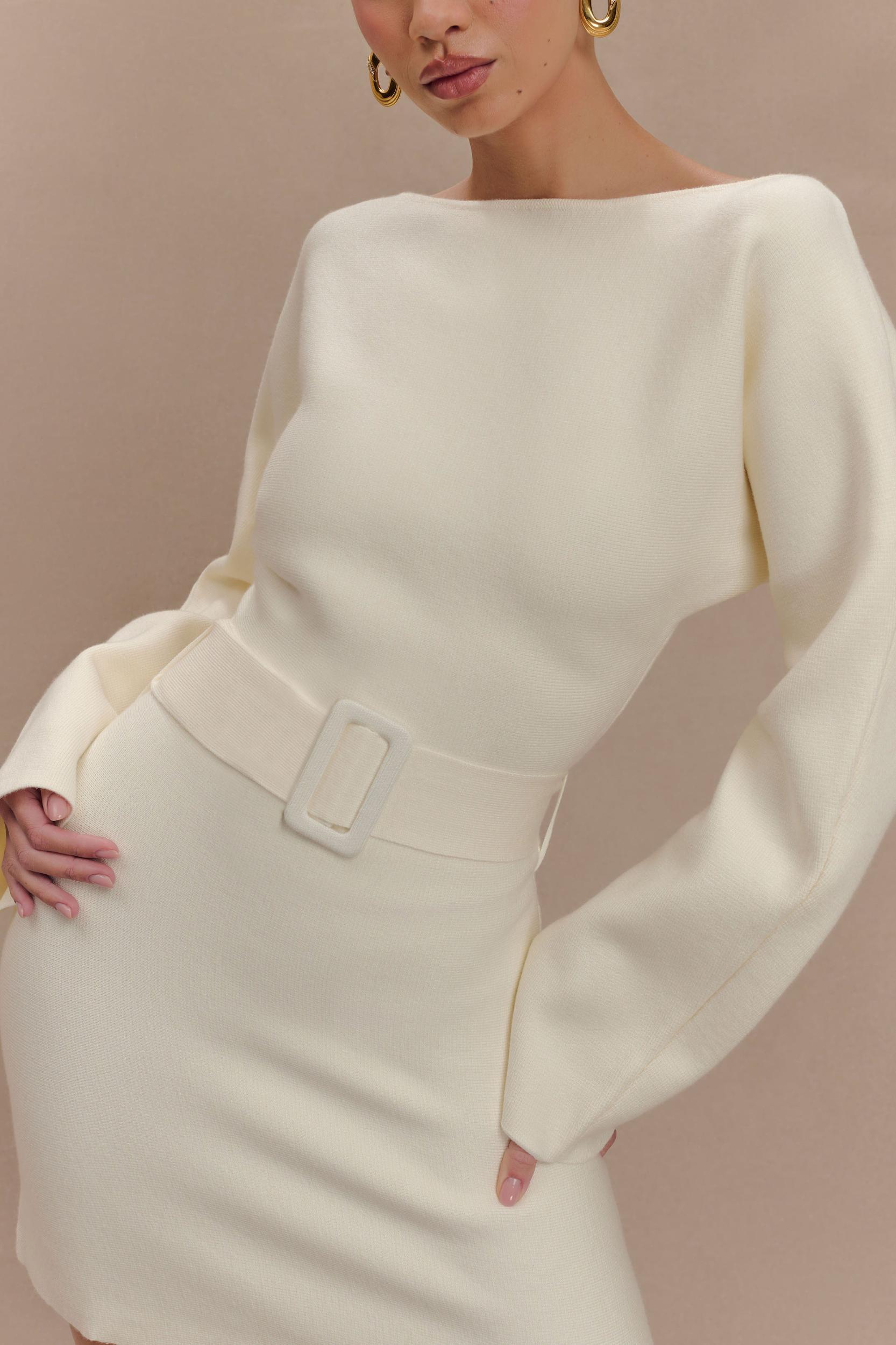 Kassie Belt Tie Knit Mini Dress - Ivory Product Image