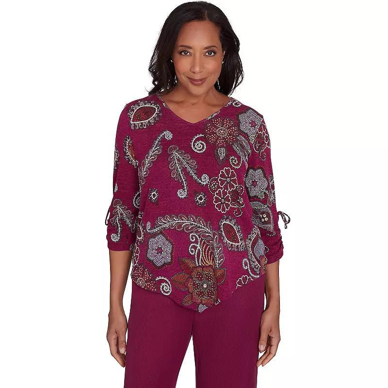 Petite Alfred Dunner Floral V-Neck Three Quarter Sleeve Top, Womens Product Image